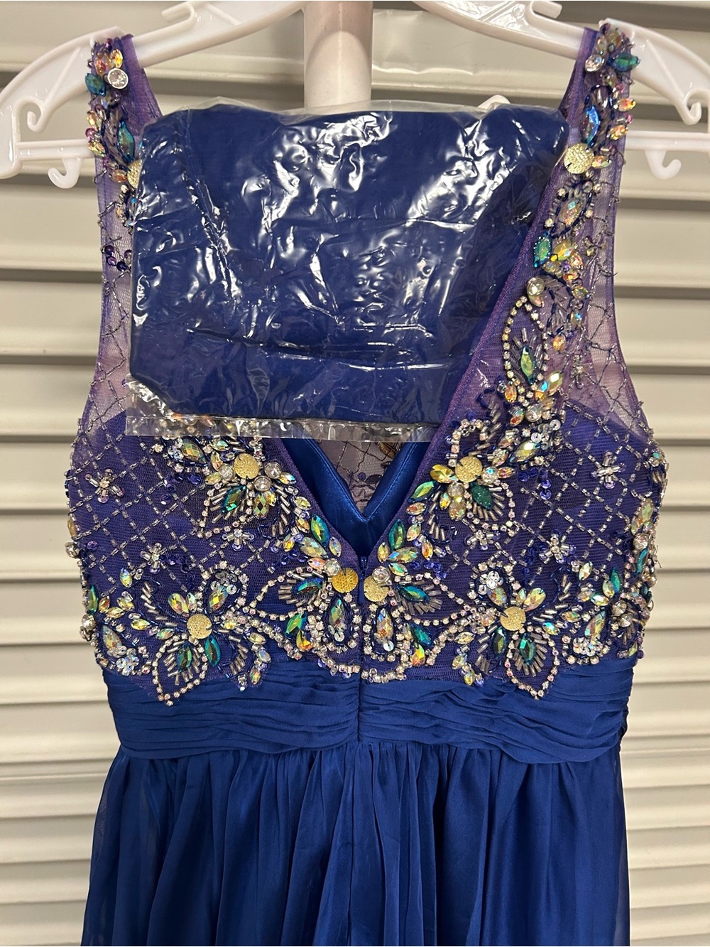 Lets Fashion Blue Beaded Formal Dress Embellished Bodice Chiffon Prom Gown M - Picture 6 of 12